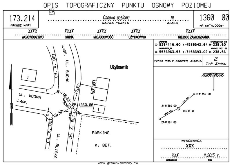 Na podstawie przedstawionego opisu topograficznego punktu szczegółowej poziomej osnowy 