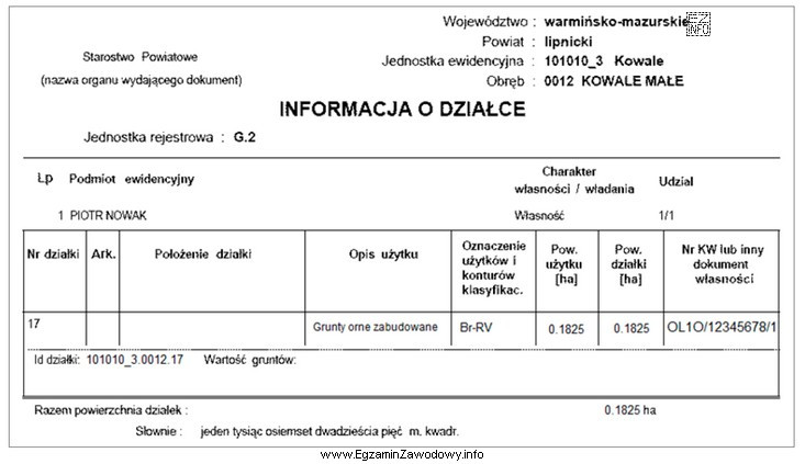 Na podstawie przedstawionej Informacji o działce określ typ 