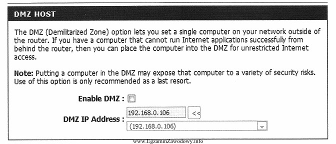 Na rysunku przedstawiono zrzut ekranu z konfiguracji strefy DMZ na 