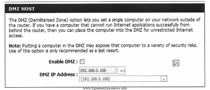 Na rysunku przedstawiono zrzut ekranu z konfiguracji strefy DMZ na 