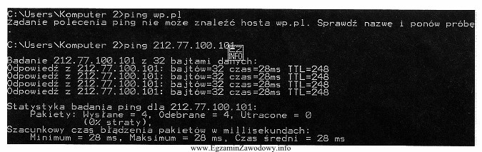 Użytkownik komputera testując połączenia sieciowe poleceniem ping 