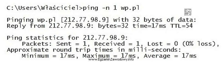 W wyniku wykonania zamieszczonego polecenia ping parametr TTL informuje o