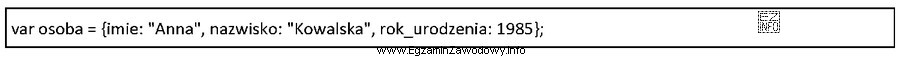 W języku JavaScript zapisano definicję obiektu. Aby odwołać 