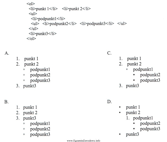 Poniżej przedstawiono fragment kodu języka HTML. Jest on 