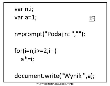 Podaj wynik działania programu zapisanego w języku JavaScript, 