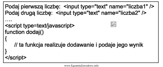 Fragment kodu w języku JavaScript realizujący dodawanie dwó