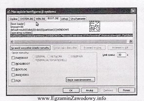 Okno przedstawia program msconfig. Zakładka BOOT.INI pozwala na