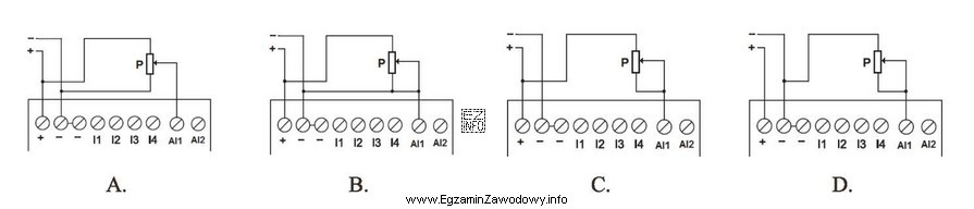 Na którym schemacie potencjometr nastawczy P jest poprawnie podł