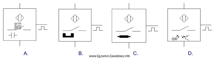 Symbol graficzny indukcyjnego czujnika zbliżeniowego stosowany na schematach elektrycznych 