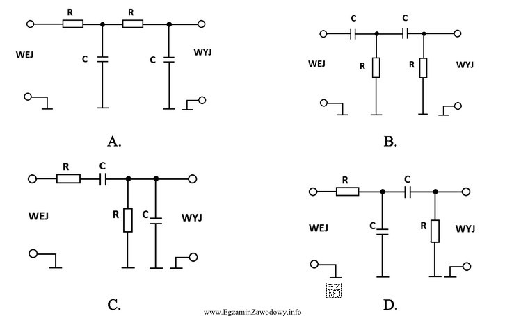 Który rysunek przedstawia schemat biernego filtru dolnoprzepustowego RC?
