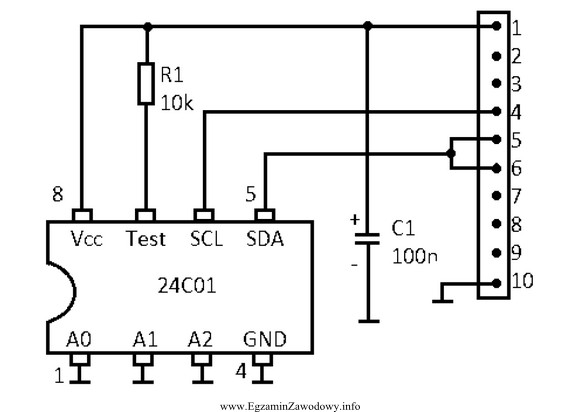 Jaką magistralą sterowany jest układ 24C01 przedstawiony na schemacie?