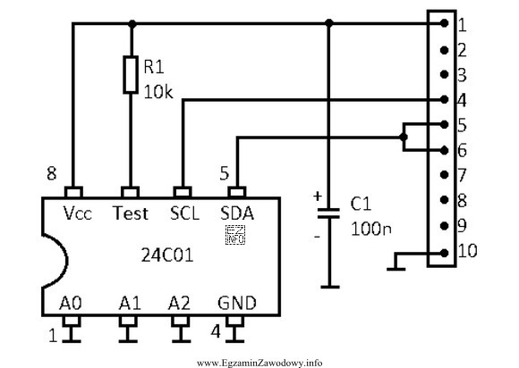 Jaką magistralą sterowany jest układ 24C01 przedstawiony na schemacie?