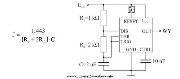 Na rysunku przedstawiono układ scalony 555 połączony w 
