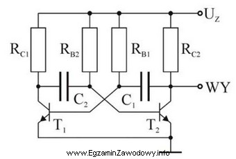 Na rysunku przedstawiono schemat multiwibratora astabilnego. Wartości kondensatorów 