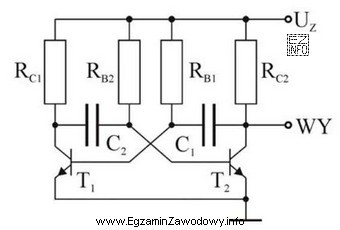 Na rysunku przedstawiono schemat multiwibratora astabilnego. Wartości kondensatorów 