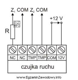 Na rysunku przedstawiono schemat połączeń czujki ruchu w konfiguracji