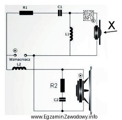 Na schemacie symbolem X zaznaczono uszkodzony głośnik w 