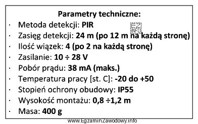 Parametry techniczne podane w tabeli określają czujkę PIR