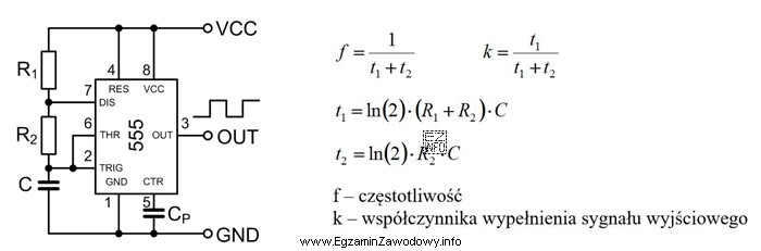 Na rysunku przedstawiono schemat aplikacyjny układu czasowego NE555 pracują