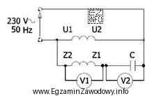 Na przedstawionym schemacie układu pomiarowego silnika jednofazowego woltomierz V1 