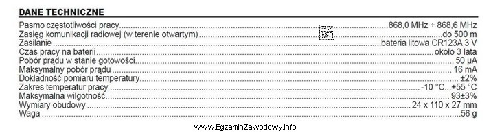 Na zdjęciu przedstawiono fragment danych technicznych bezprzewodowego czujnika temperatury. 