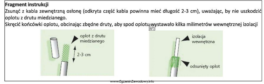 W ramce przedstawiono fragment instrukcji przygotowania kabli do przyłączenia 