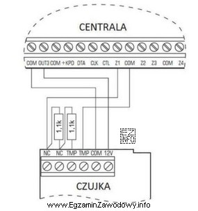 Schemat przedstawia sposób podłączenia czujki pasywnej do centrali 