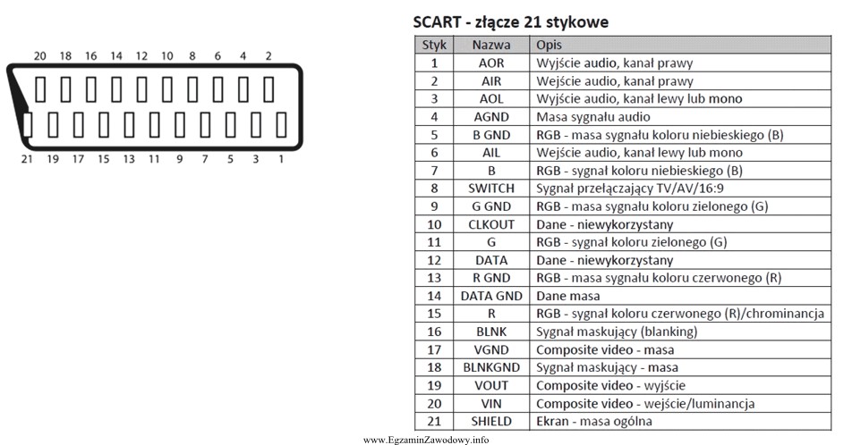 Poniżej przedstawiono fragment dokumentacji technicznej gniazda SCART. Z jakiego 