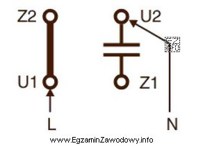 Kondensator, w układzie zasilania silnika, którego tabliczkę zaciskową 