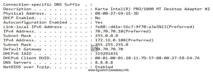 Na ilustracji przedstawiono wynik polecenia ipconfig /all Jaką bramę domyś
