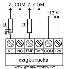 Na ilustracji przedstawiono schemat połączeń czujki ruchu. W jaki 