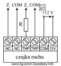 Na ilustracji przedstawiono schemat połączeń czujki ruchu. W jaki 
