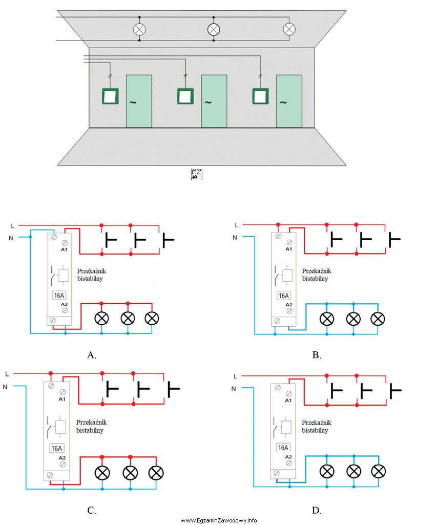 Który schemat montażowy instalacji oświetleniowej przedstawionej na 