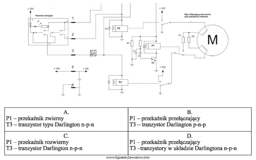 Na schemacie ideowym przedstawiono fragment układu sterowania szyberdachem, w 
