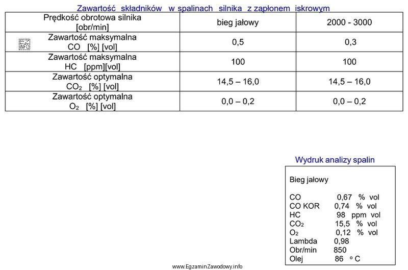 Na podstawie wydruku z przeprowadzonej analizy spalin silnika z zapł