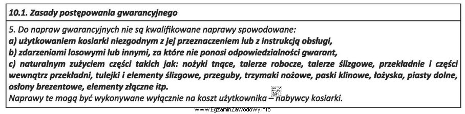 Które z podanych uszkodzeń kosiarki będzie podlegało 