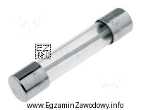 Przepalony bezpiecznik topikowy zwłoczny, szklany, 10A, 32 VDC, 6,3×32 mm, pokazany 