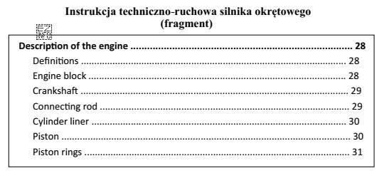 Na podstawie fragmentu instrukcji techniczno-ruchowej silnika spalinowego w języku 