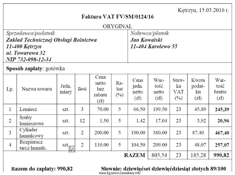 Na podstawie informacji zapisanych na fakturze za części zamienne 