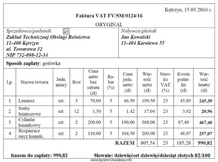 Na podstawie informacji zapisanych na fakturze oblicz całkowity koszt 