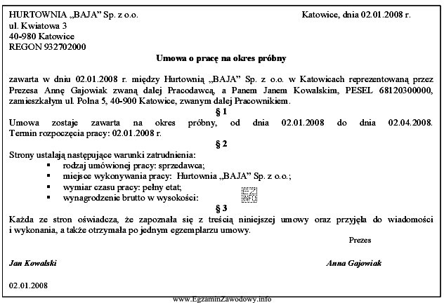 W przedstawionej umowie nie występują informacje dotyczące