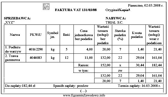 Na podstawie zapisów w zamieszczonym fragmencie faktury, określ 