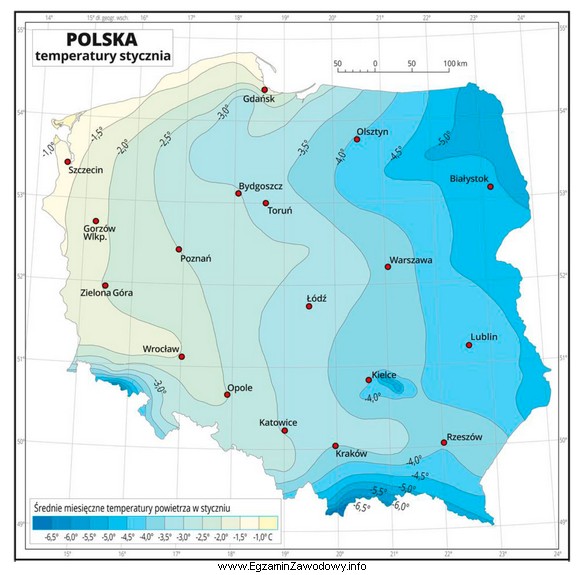 Na podstawie mapy temperatur stycznia w Polsce wskaż obszar, gdzie 