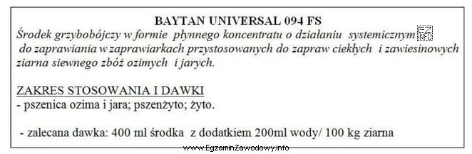 Na podstawie podanej instrukcji stosowania zaprawy nasiennej Baytan Universal <strong>094 