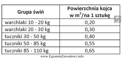 Zgodnie z normatywem zawartym w tabeli, w kojcu o wymiarach 4