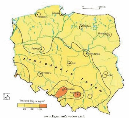 Na podstawie mapy, wskaż miasto, w którym stężenie 