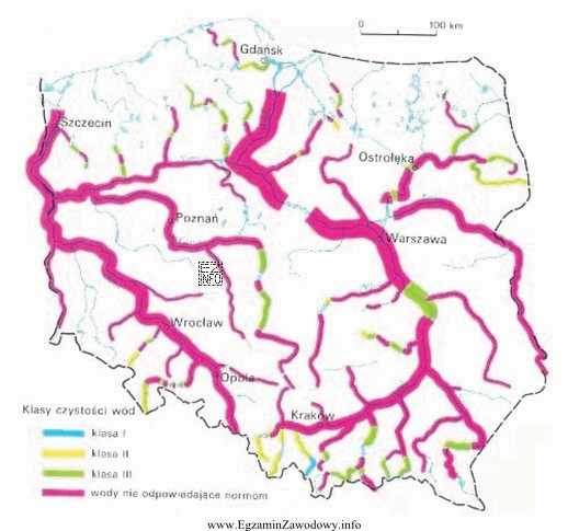 Na podstawie mapy, określ klasy czystości wody rzeki 