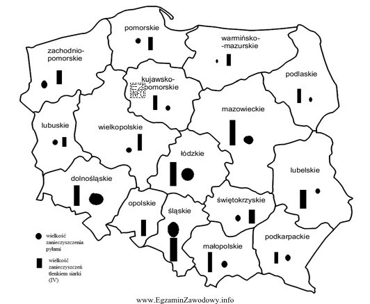 Na mapie Polski zamieszczono wyniki pomiarów zanieczyszczeń powietrza atmosferycznego. 