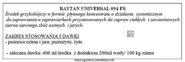 Na podstawie podanej instrukcji stosowania zaprawy nasiennej Baytan Universal 094 FS 