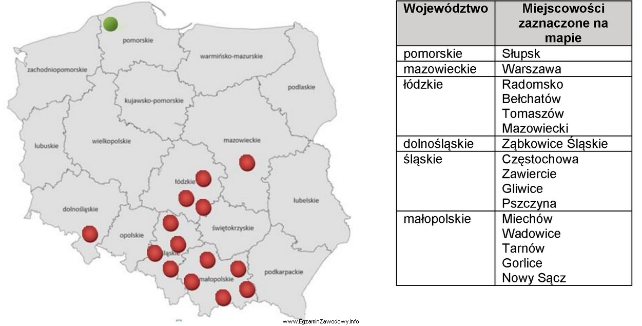 Na mapie Polski kolorem zielonym zaznaczono jedyne miasto w Polsce, 